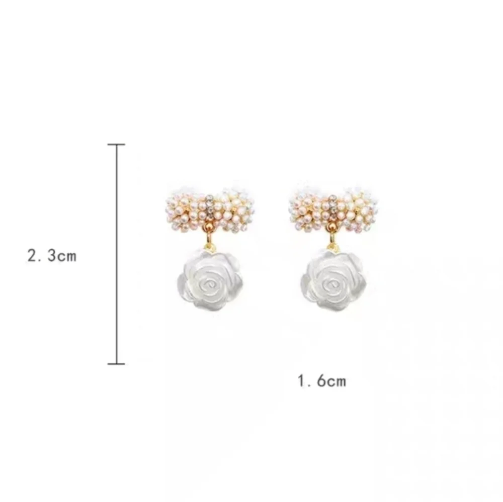 Faux Pearl Cluster Stud & Carved Rose Drop Earrings Romantic Floral